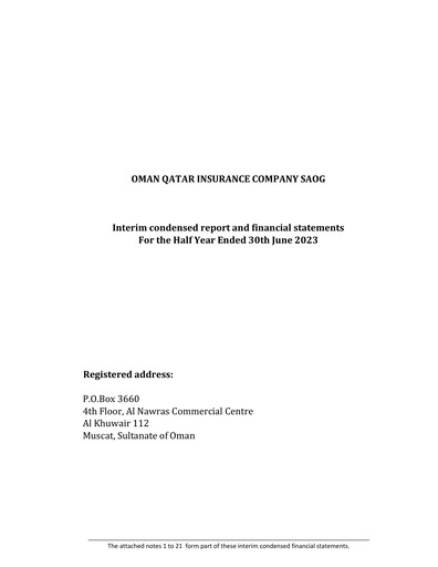 Thumbnail OQIC Oman Qatar Insurance Company Financial Statement 2023-h1