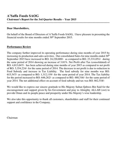 Thumbnail A'Saffa Foods Financial Statement 2015-9m