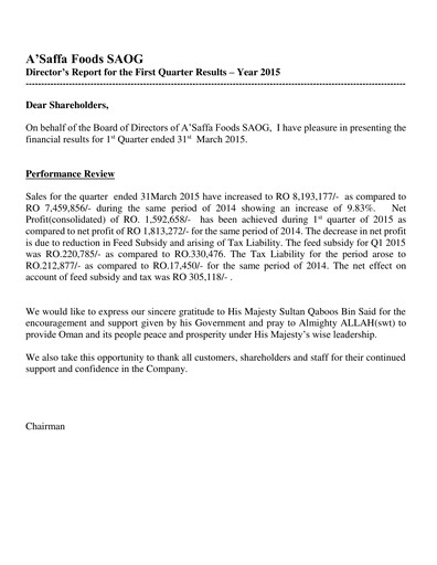 Thumbnail A'Saffa Foods Financial Statement 2015-q1