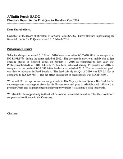 Thumbnail A'Saffa Foods Financial Statement 2016-q1