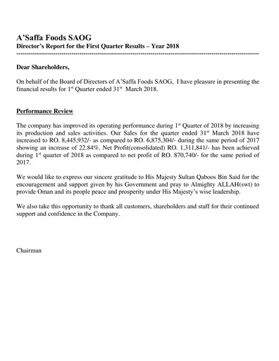 Thumbnail A'Saffa Foods Financial Statement 2018-q1
