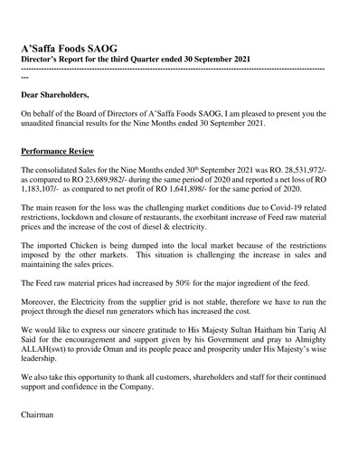 Thumbnail A'Saffa Foods Financial Statement 2021-9m