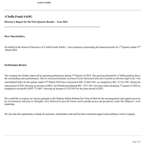 Thumbnail A'Saffa Foods Financial Statement 2024-q1