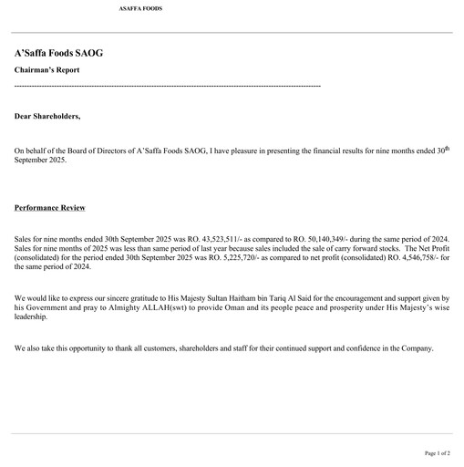 Thumbnail A'Saffa Foods Financial Statement 2025-9m