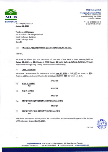 Thumbnail MCB Bank Pakistan Quarterly Report 2021-q2