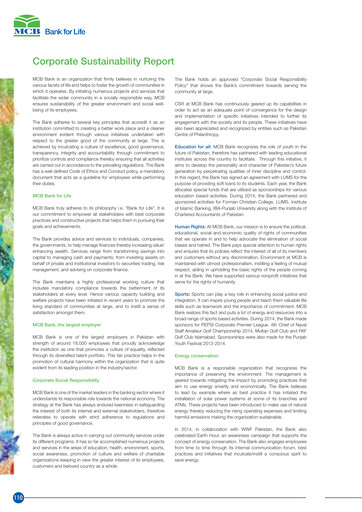 Thumbnail MCB Bank Pakistan Sustainability Report 2014