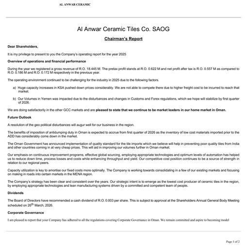 Thumbnail Al Anwar Ceramic Tiles Financial Statement 2025
