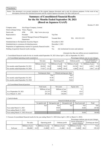 Miniature Aica Kogyo Company Rapport semestriel fy2021-h1