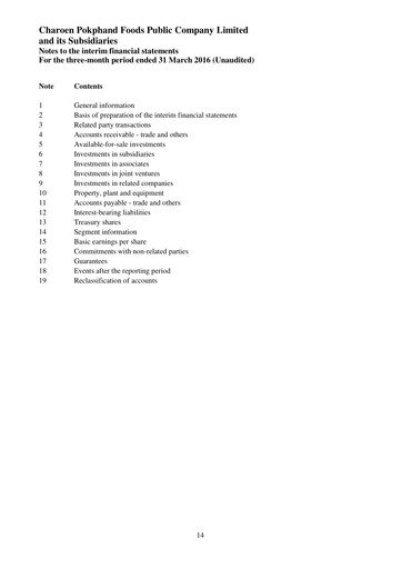 Thumbnail Charoen Pokphand Foods
 Quarterly Report 2016-q1