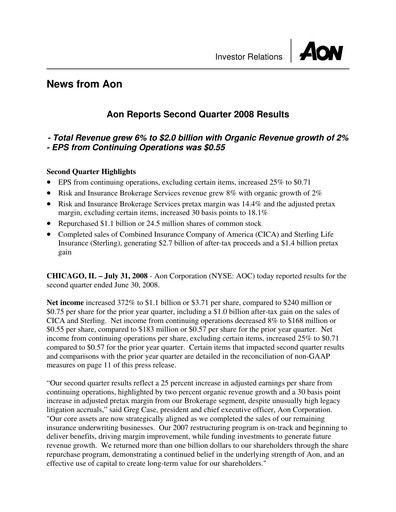 Thumbnail Aon Quarterly Report 2008-q2