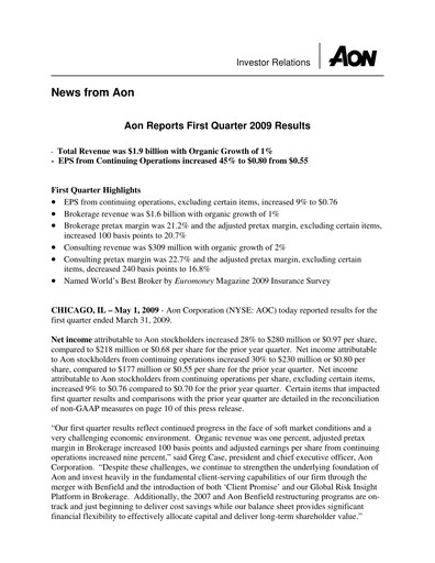 Thumbnail Aon Quarterly Report 2009-q1