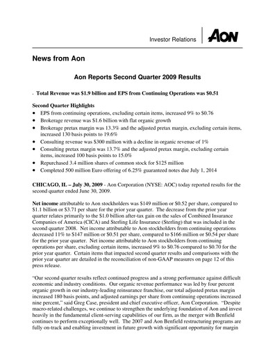 Thumbnail Aon Quarterly Report 2009-q2