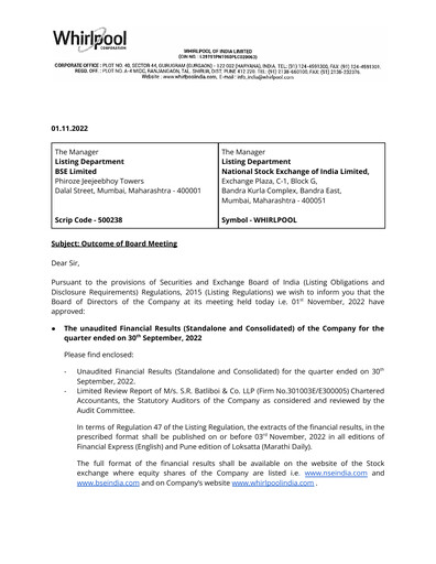 Thumbnail Whirlpool India Quarterly Report 2022-q2