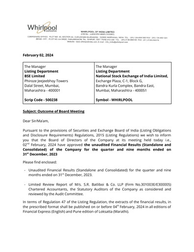 Thumbnail Whirlpool India Quarterly Report 2023-q3
