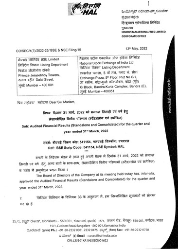 Vorschaubild Hindustan Aeronautics Finanzmitteilung 2022-q1
