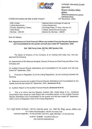 Vorschaubild Hindustan Aeronautics Finanzmitteilung 2024-9m