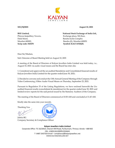 Thumbnail Kalyan Jewellers India Quarterly Report 2021-q1