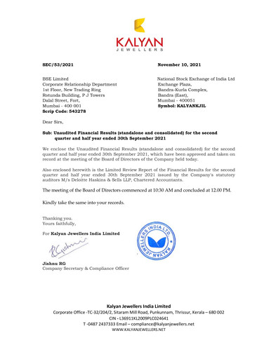 Thumbnail Kalyan Jewellers India Quarterly Report 2021-q2