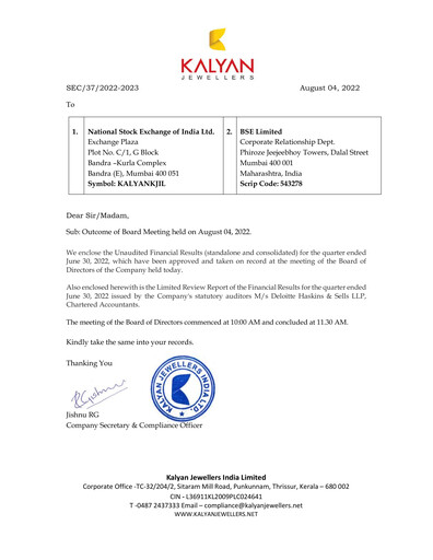 Thumbnail Kalyan Jewellers India Quarterly Report 2022-q1
