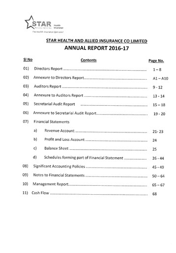 Thumbnail Star Health and Allied Insurance Company Annual Report 2016-2017