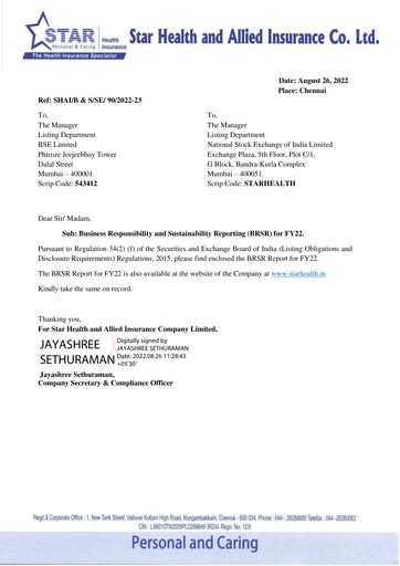 Thumbnail Star Health and Allied Insurance Company ESG Report 2021-2022