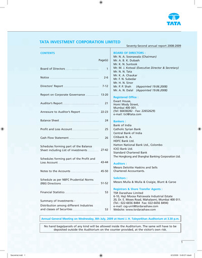 Miniature Tata Investment Corporation Rapport annuel 2008-2009