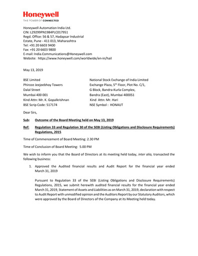 Thumbnail Honeywell Automation India Financial Statement 2018-2019