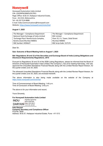 Miniature Honeywell Automation India Rapport trimestriel 2025-q1