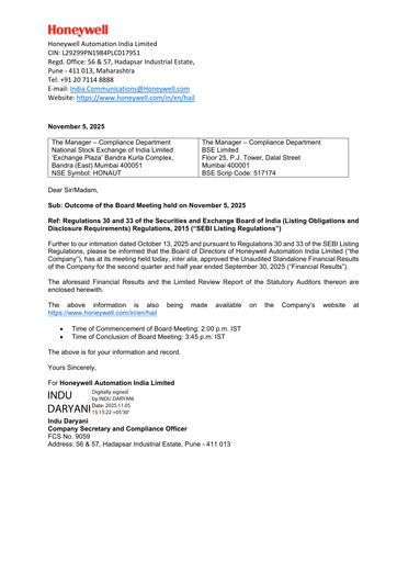 Miniature Honeywell Automation India Rapport trimestriel 2025-q2