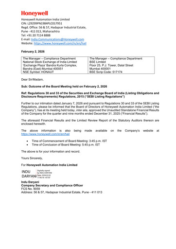 Miniature Honeywell Automation India Rapport trimestriel 2025-q3