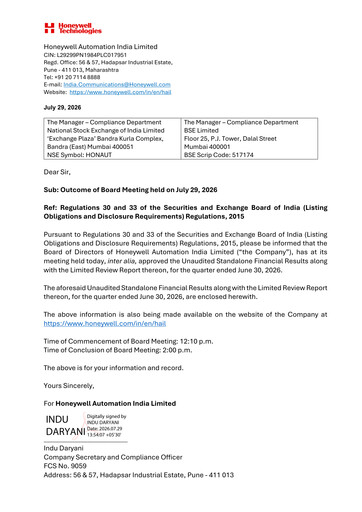 Miniature Honeywell Automation India Rapport trimestriel 2026-q1