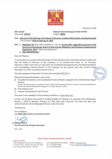 Thumbnail Aditya Birla Fashion and Retail Quarterly Report 2019-q3
