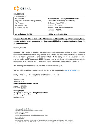 Vorschaubild CIE Automotive India Quartalsbericht 2023-q3