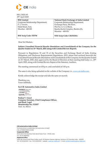 Vorschaubild CIE Automotive India Quartalsbericht 2025-q1