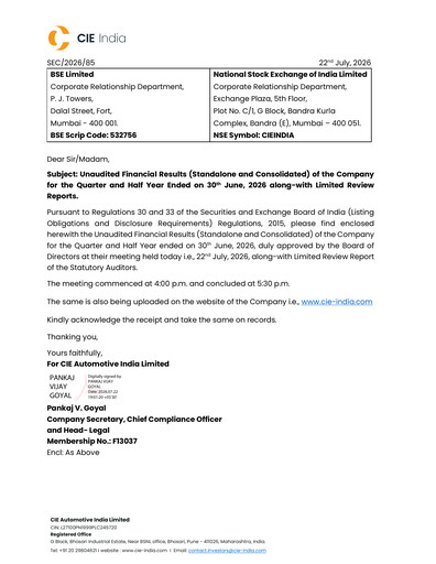 Thumbnail CIE Automotive India Quarterly Report 2026-q2