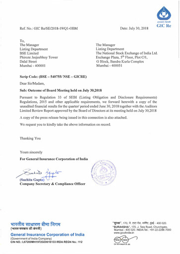 Thumbnail General Insurance Corporation of India
 Quarterly Report 2018-q1