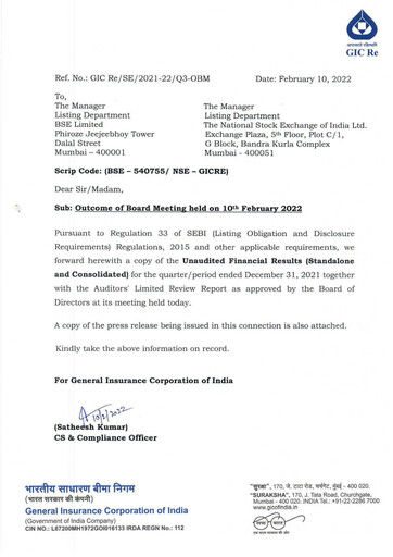 Thumbnail General Insurance Corporation of India
 Quarterly Report 2021-q3