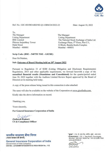 Thumbnail General Insurance Corporation of India
 Quarterly Report 2022-q1