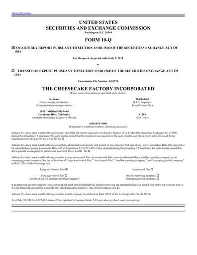 Thumbnail The Cheesecake Factory
 Quarterly Report 2018-q2