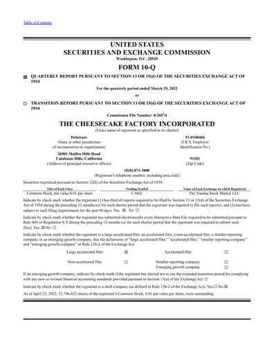 Thumbnail The Cheesecake Factory
 Quarterly Report 2022-q1