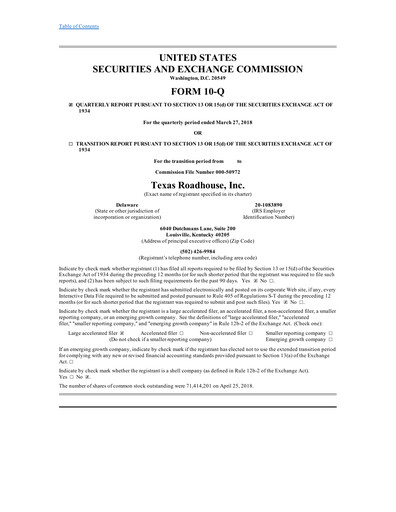 Thumbnail Texas Roadhouse
 Quarterly Report 2018-q1