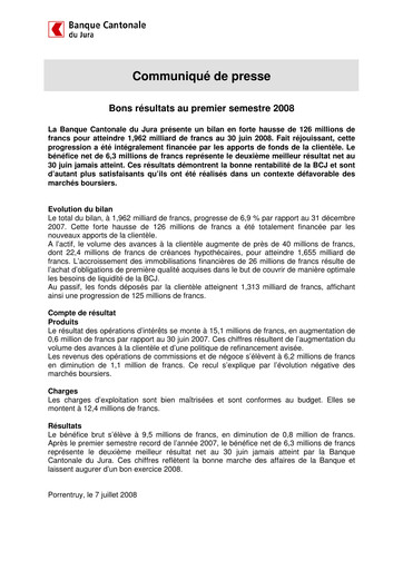 Thumbnail Banque Cantonale du Jura Half-year Report 2008-h1