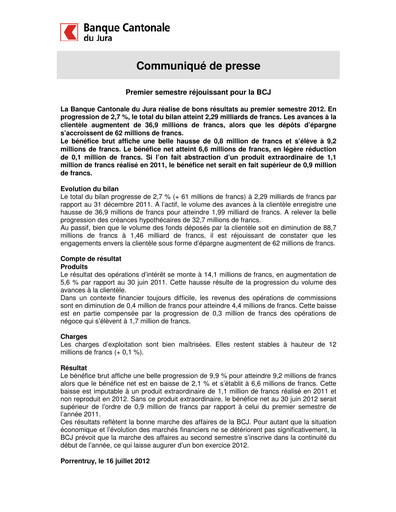 Thumbnail Banque Cantonale du Jura Half-year Report 2012-h1