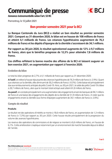 Thumbnail Banque Cantonale du Jura Half-year Report 2021-h1