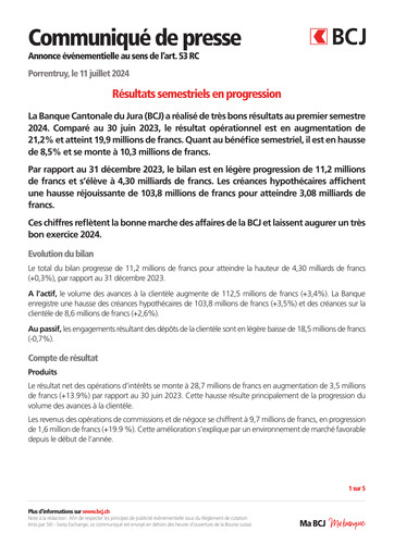 Thumbnail Banque Cantonale du Jura Half-year Report 2024-h1