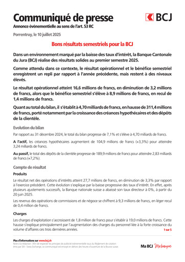 Thumbnail Banque Cantonale du Jura Half-year Report 2025-h1