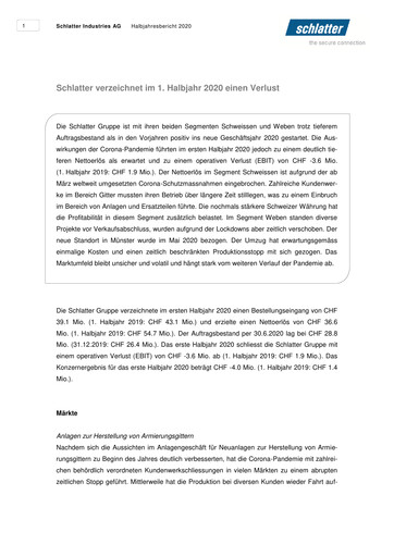 Thumbnail Schlatter Industries AG Half-year Report 2020-h1