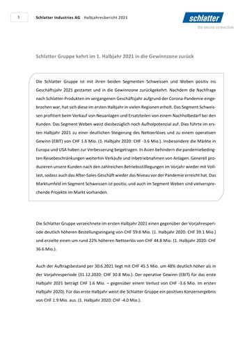 Thumbnail Schlatter Industries AG Half-year Report 2021-h1