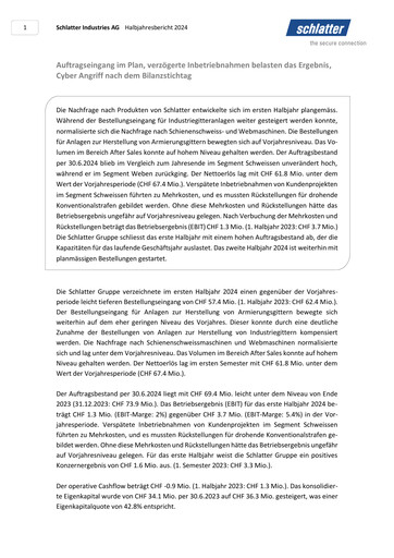 Thumbnail Schlatter Industries AG Half-year Report 2024-h1