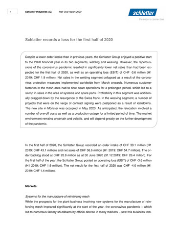 Thumbnail Schlatter Industries AG Half-year Report 2020-h1